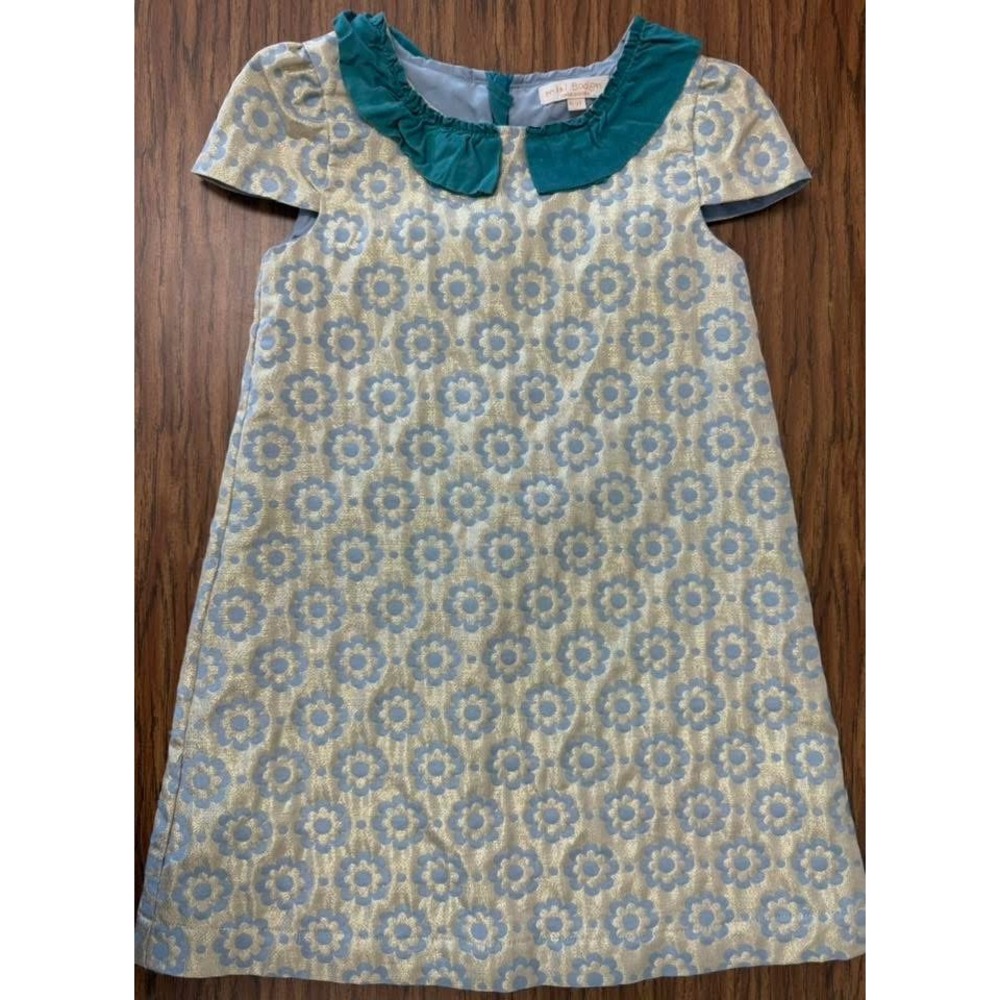 Mini Boden Girls Floral Brocade Shift Dress Teal Ruffle Collar Gold Blue 6-7Y